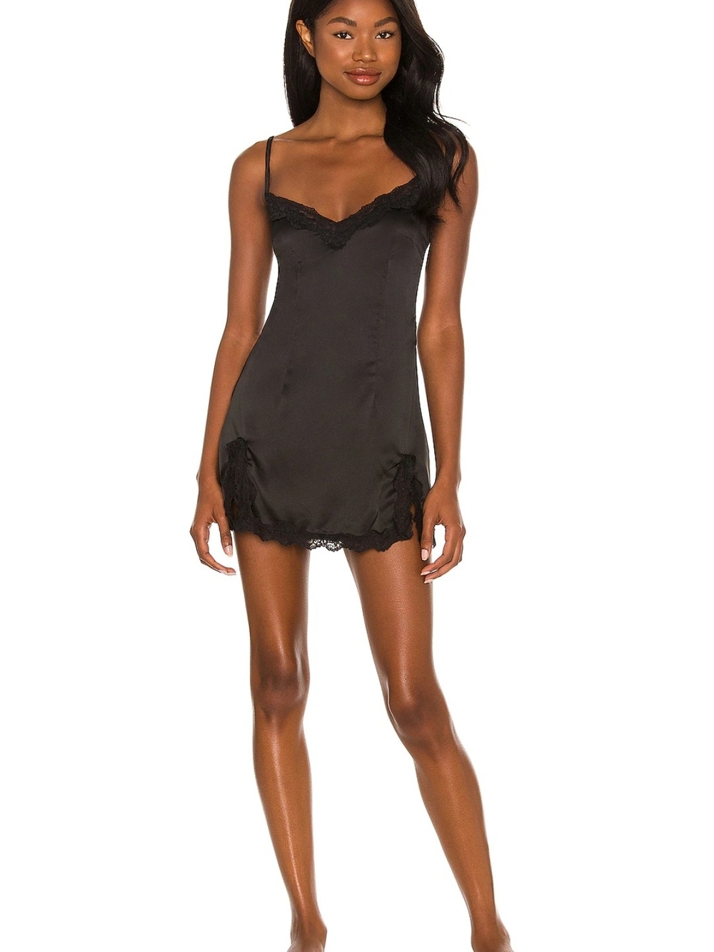 REVOLVE Black Satin Lace-Trim Slip Chemise Lovers And Friends